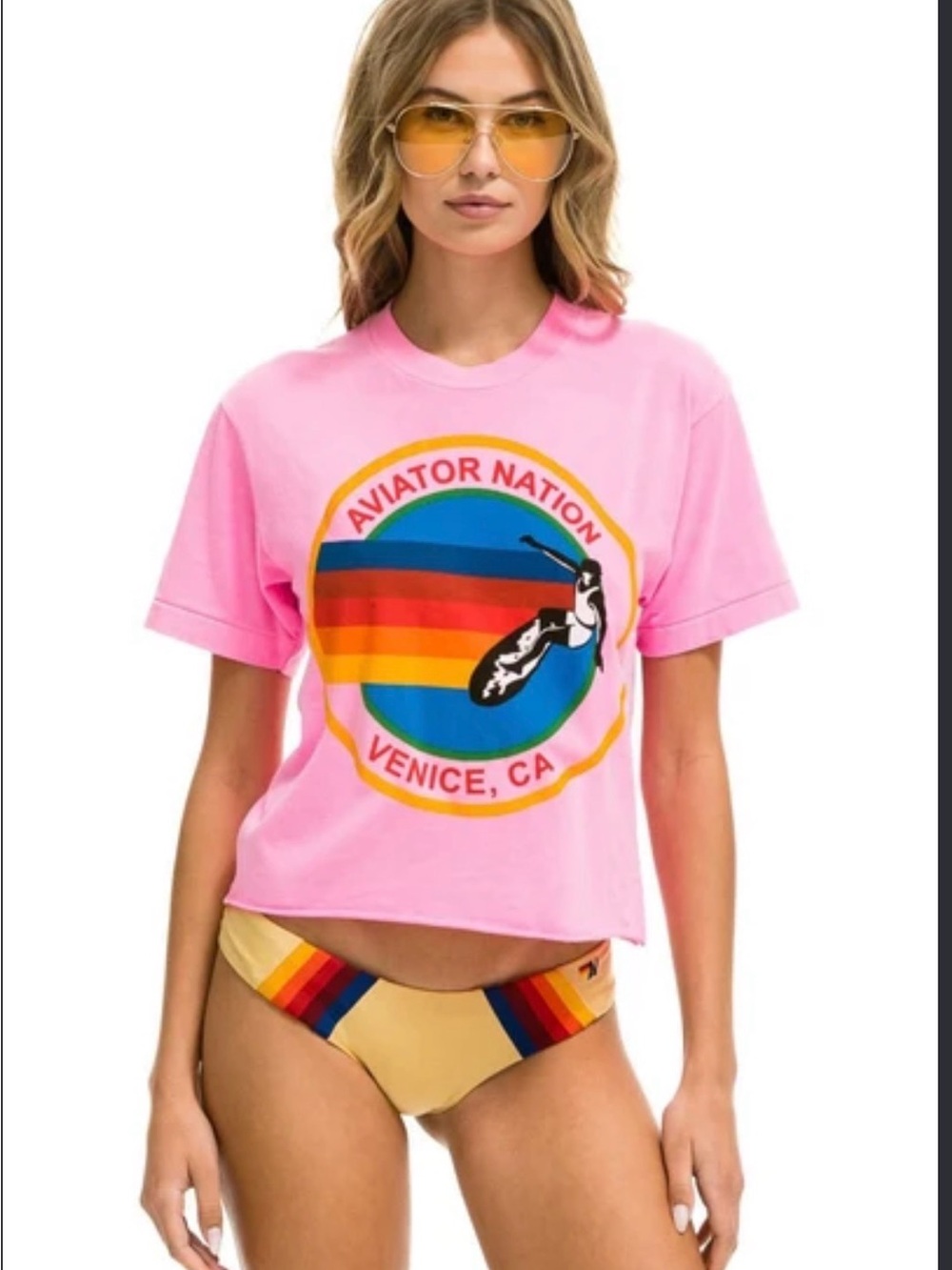 Aviator Nation Women’s Pink Short-Sleeve Logo Tee with Multicolor Chest Print